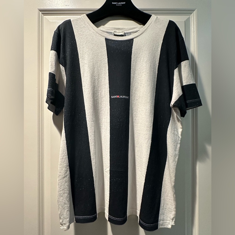 Saint Laurent White & Blue Striped Rive Gauche Logo T-Shirt